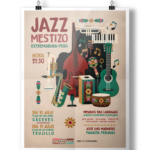 Concert poster for Jazz Mestizo Extremadura-Perú with colorful guitars, trumpet, bass and drum; includes date, venue and performers text visible on poster.