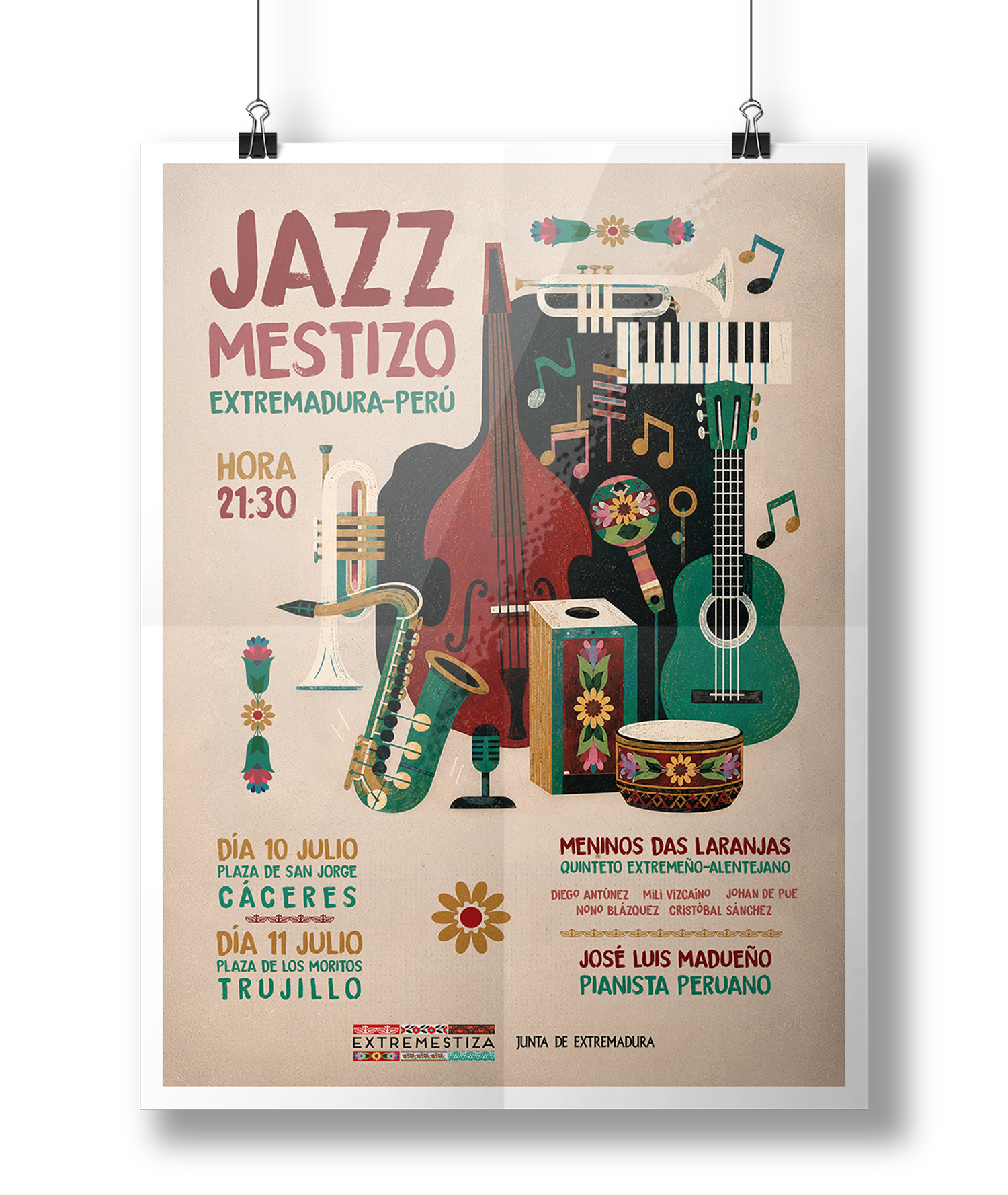 Cartel-Jazz Concert poster for Jazz Mestizo Extremadura-Perú with colorful guitars, trumpet, bass and drum; includes date, venue and performers text visible on poster.