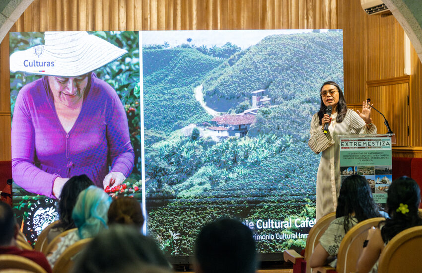 Speaker at a conference podium; large screen behind shows left panel of a woman in a hat picking fruit and a hillside village on the right.