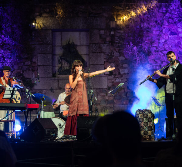 Band performing on an outdoor stage at night with purple lighting and a stone wall backdrop; center-stage singer with microphone, guitarist on the left, wind player on the right, and fog effects in the air.